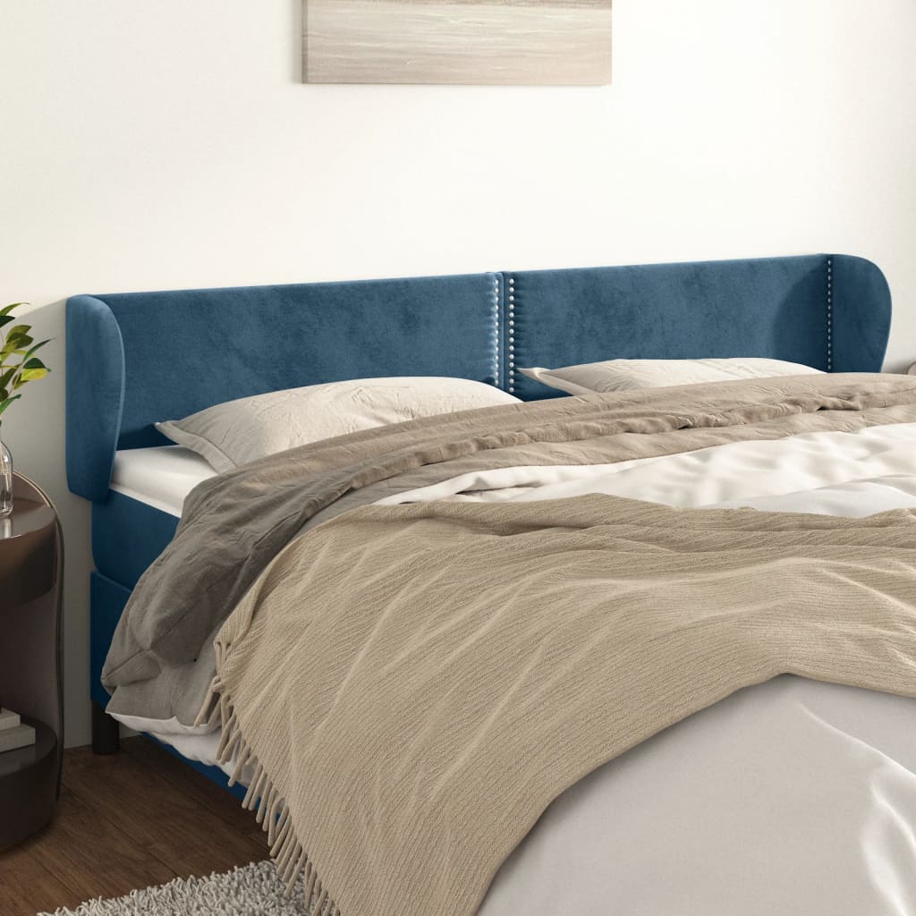 Cabeceira de cama c/ abas veludo 203x23x78/88cm azul-escuro