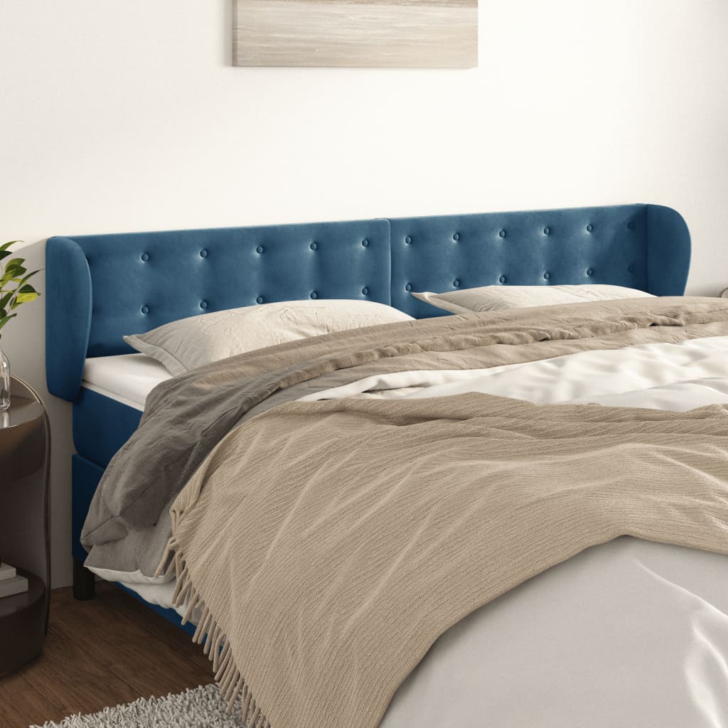 Cabeceira de cama c/ abas veludo 163x23x78/88cm azul-escuro