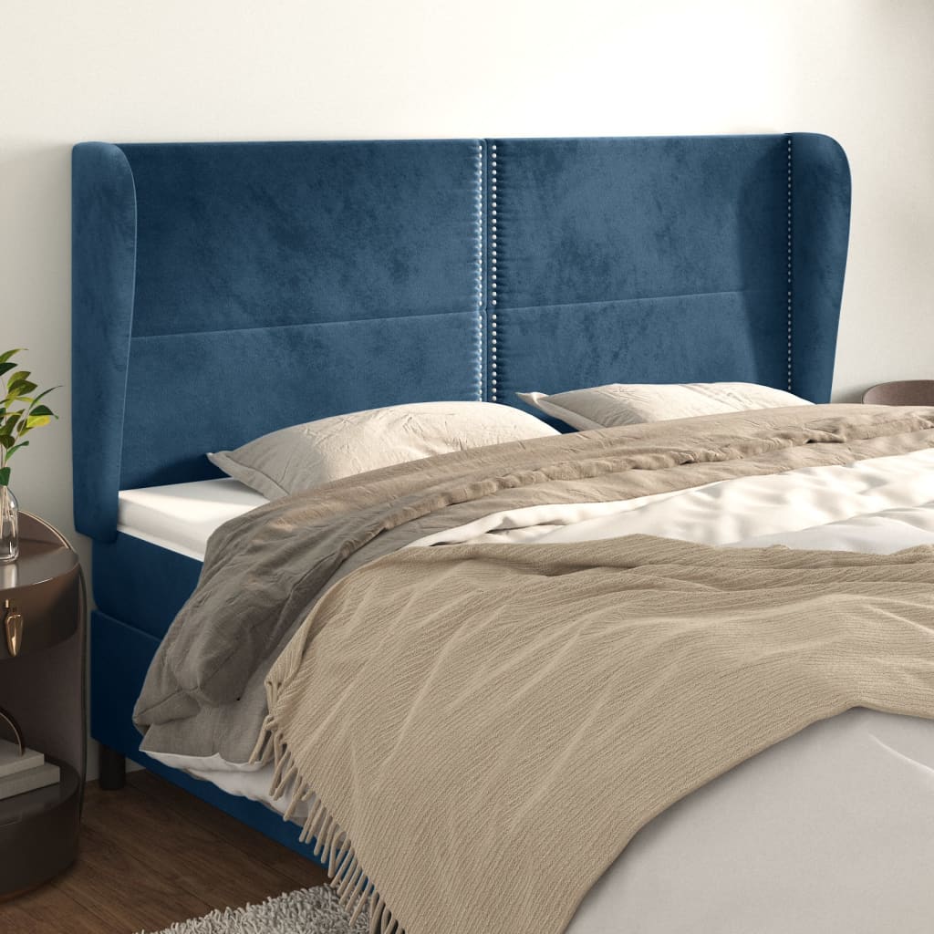 Cabeceira cama c/ abas veludo 203x23x118/128 cm azul-escuro