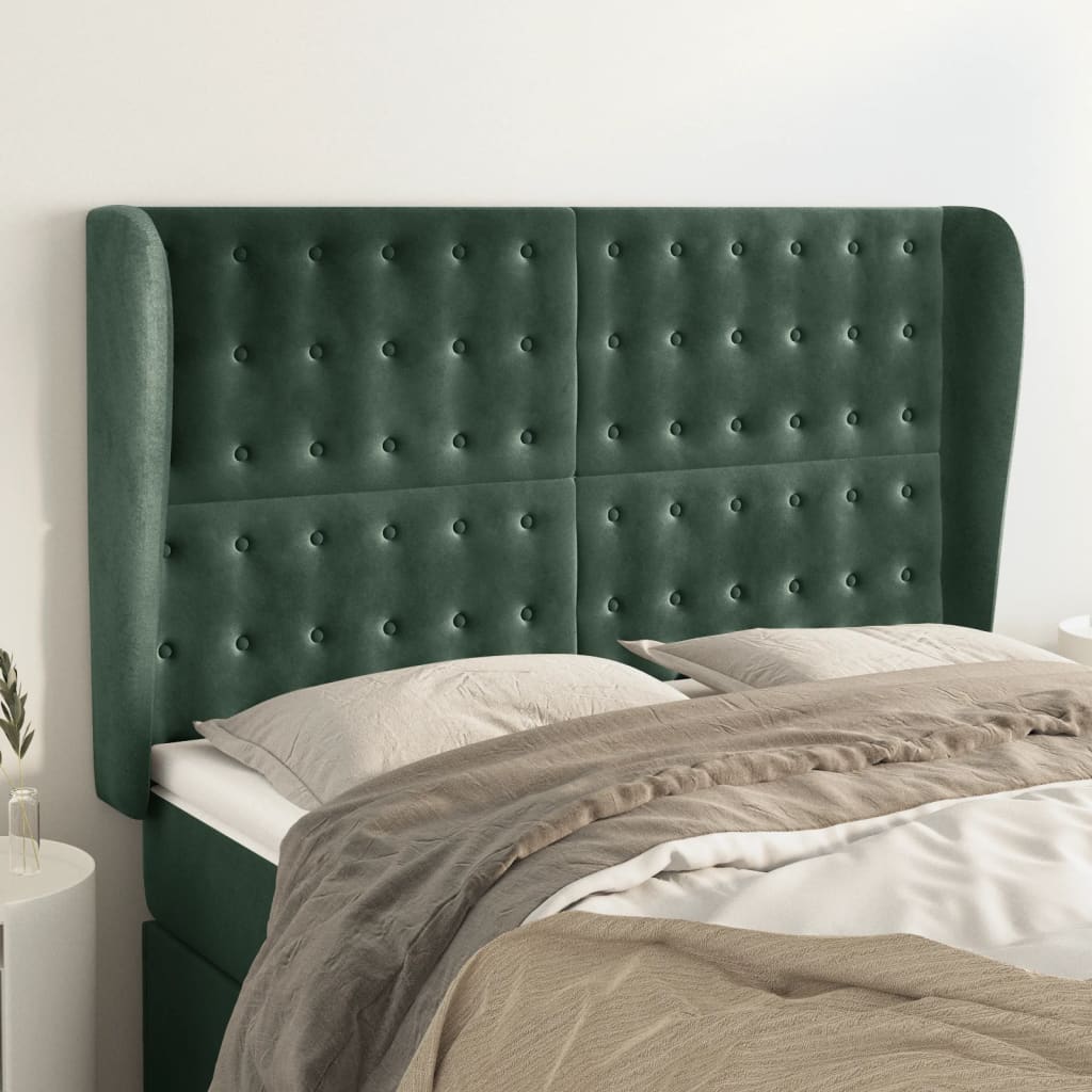 Cabeceira cama c/ abas veludo 147x23x118/128 cm verde-escuro