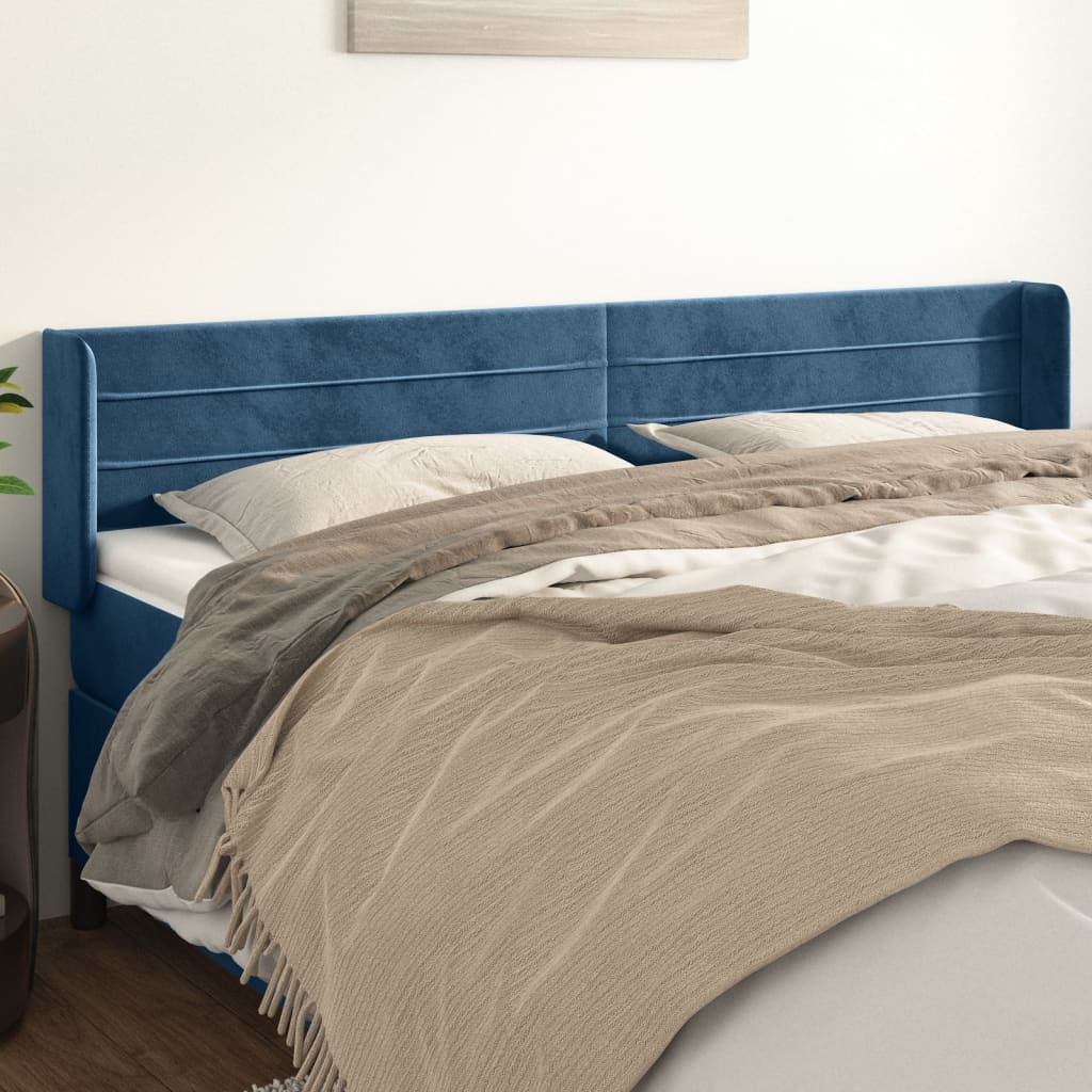 Cabeceira de cama c/ abas veludo 163x16x78/88cm azul-escuro