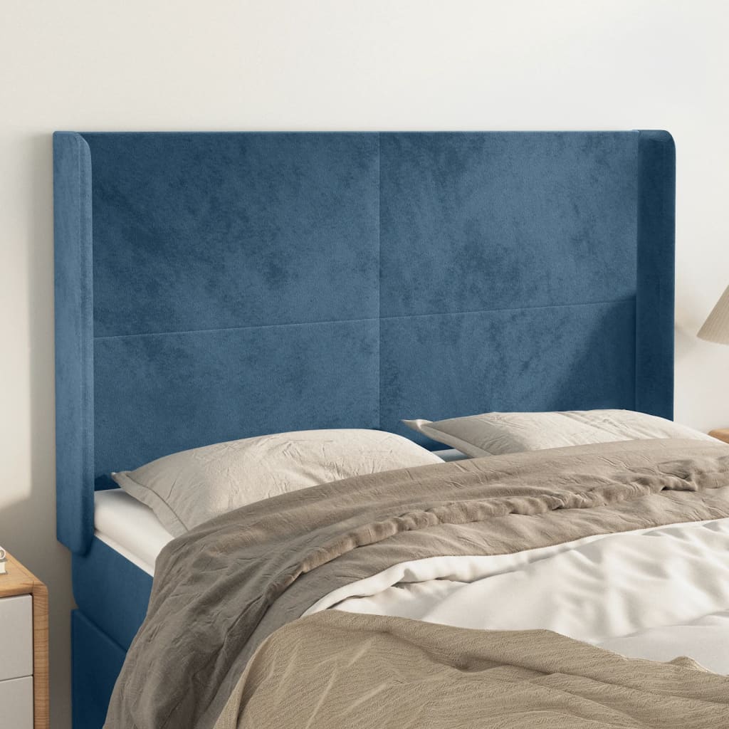 Cabeceira cama c/ abas veludo 147x16x118/128 cm azul-escuro