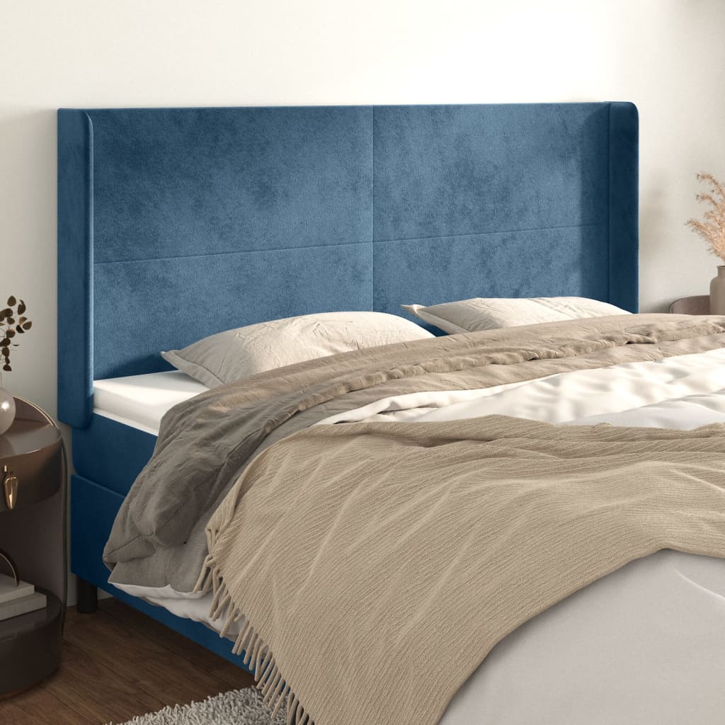 Cabeceira cama c/ abas veludo 163x16x118/128 cm azul-escuro