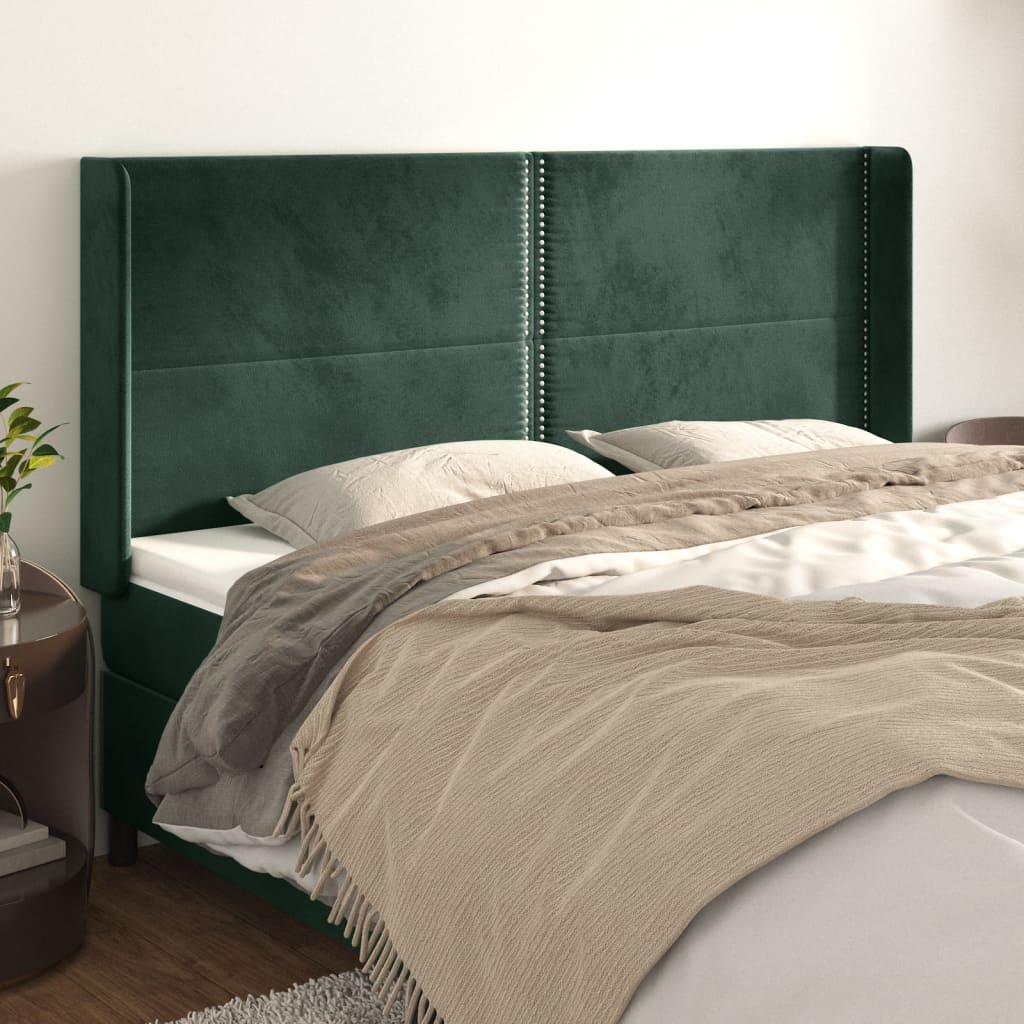 Cabeceira cama c/ abas veludo 163x16x118/128 cm verde-escuro