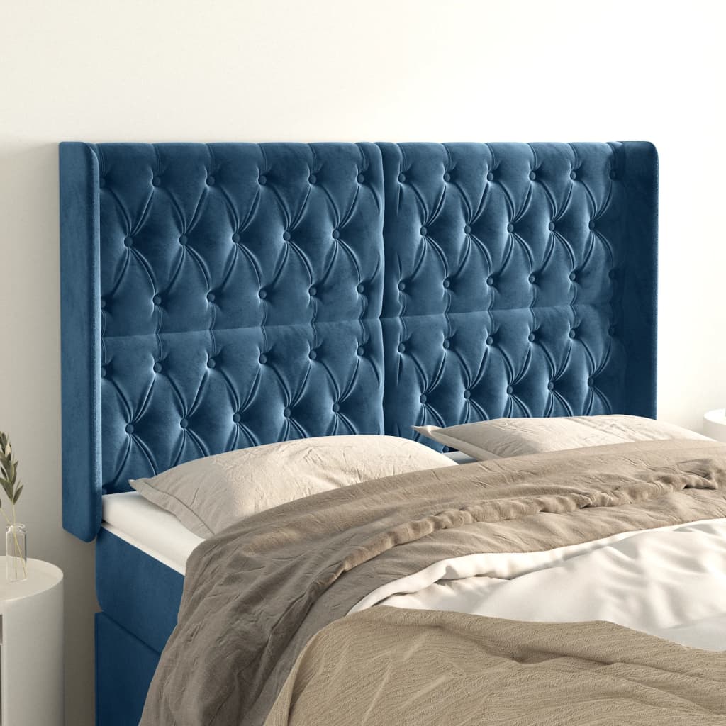 Cabeceira cama c/ abas veludo 147x16x118/128 cm azul-escuro