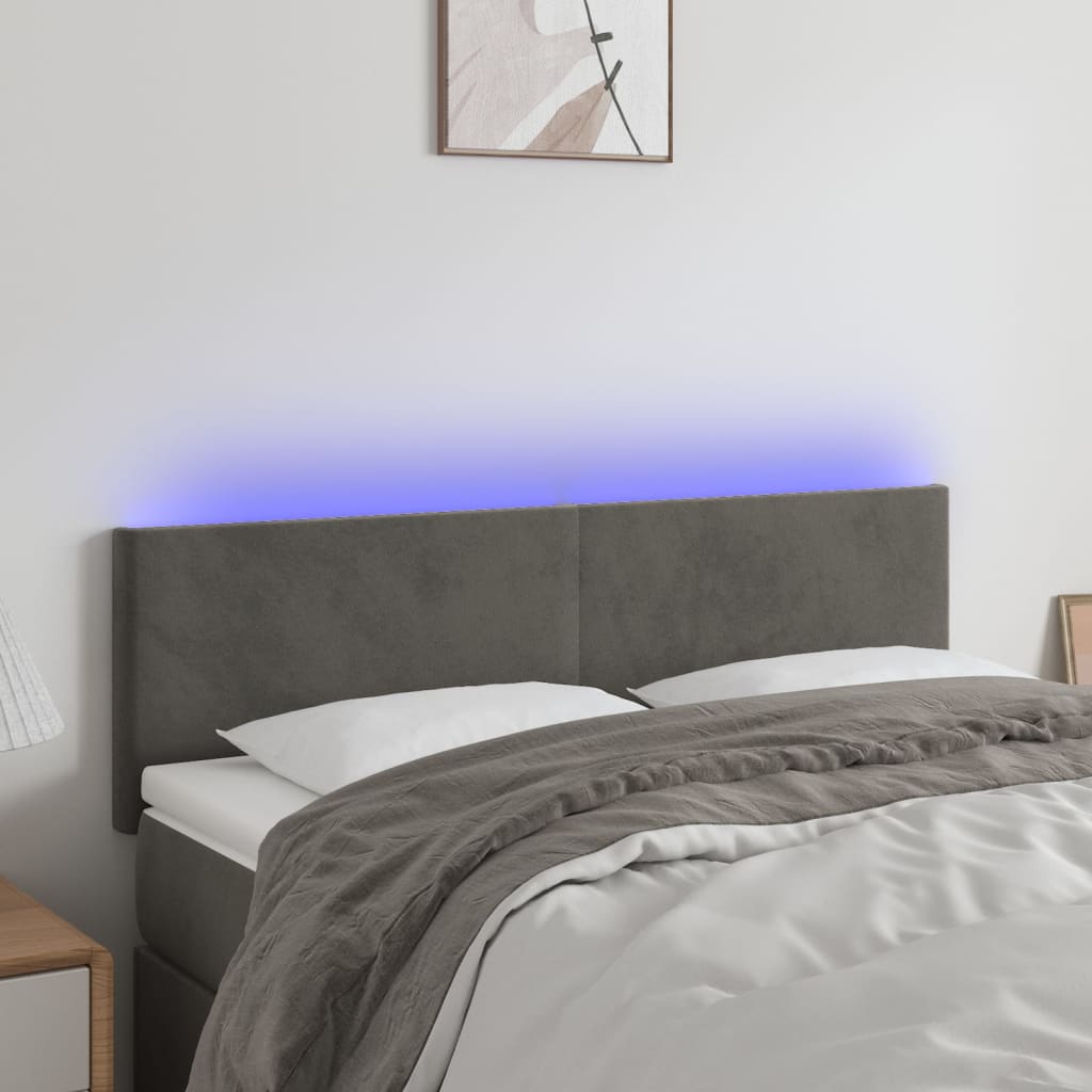 Cabeceira de cama c/luzes LED veludo 144x5x78/88cm cinza-escuro