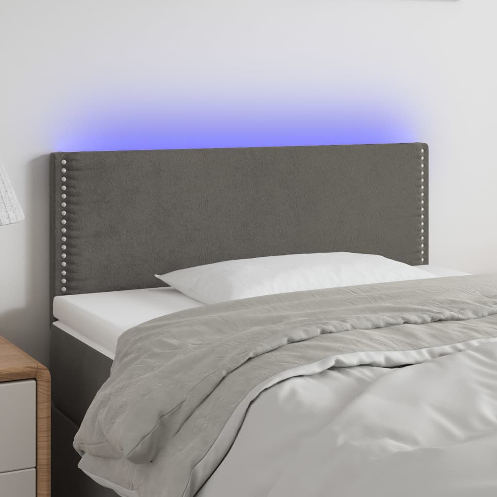 Cabeceira de cama c/ luzes LED tecido 90x5x78/88cm cinza-escuro