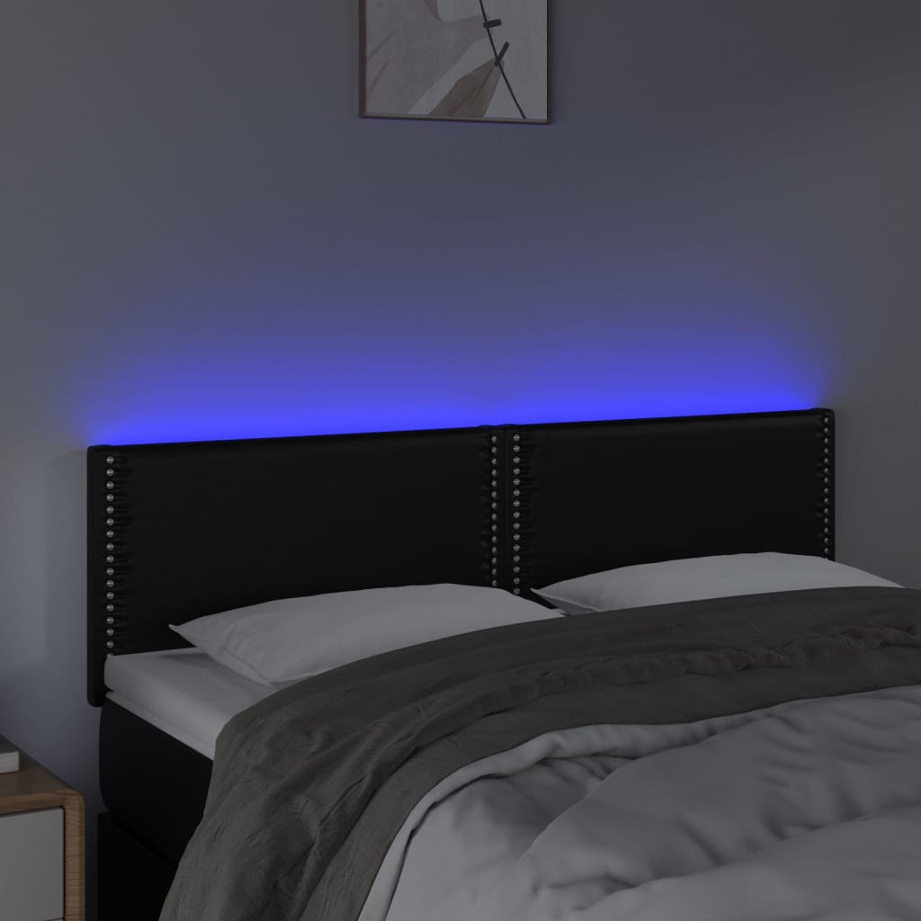 Cabeceira de cama c/ LED couro artificial 144x5x78/88 cm preto