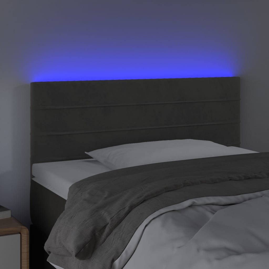 Cabeceira de cama c/ luzes LED tecido 90x5x78/88cm cinza-escuro