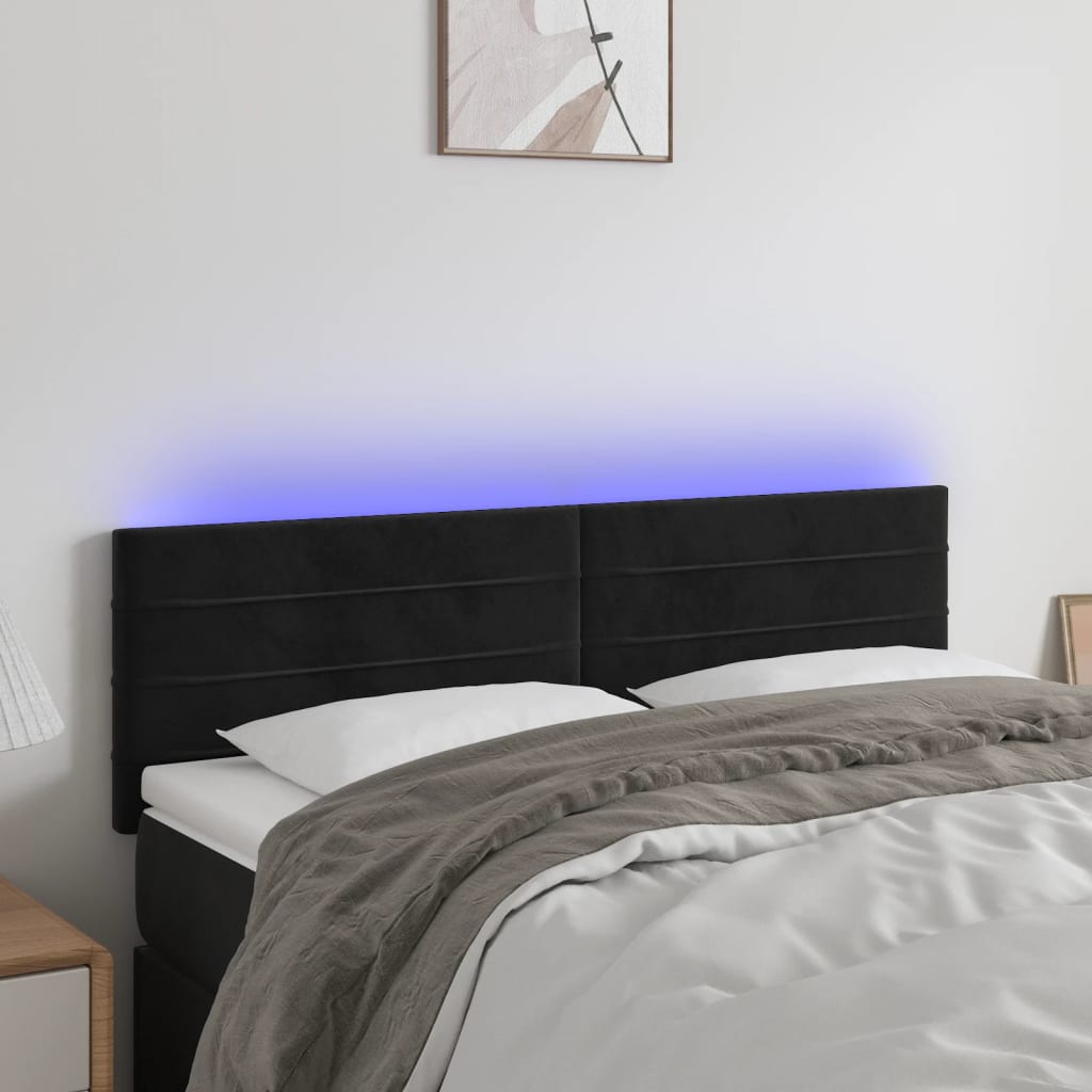 Cabeceira de cama c/ luzes LED veludo 144x5x78/88 cm preto