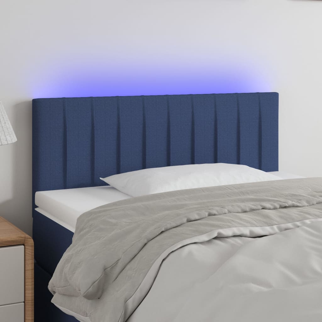 Cabeceira de cama c/ luzes LED tecido 100x5x78/88 cm azul