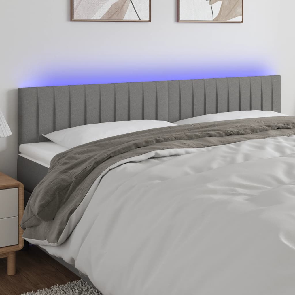 Cabeceira de cama c/luzes LED tecido 200x5x78/88cm cinza-escuro