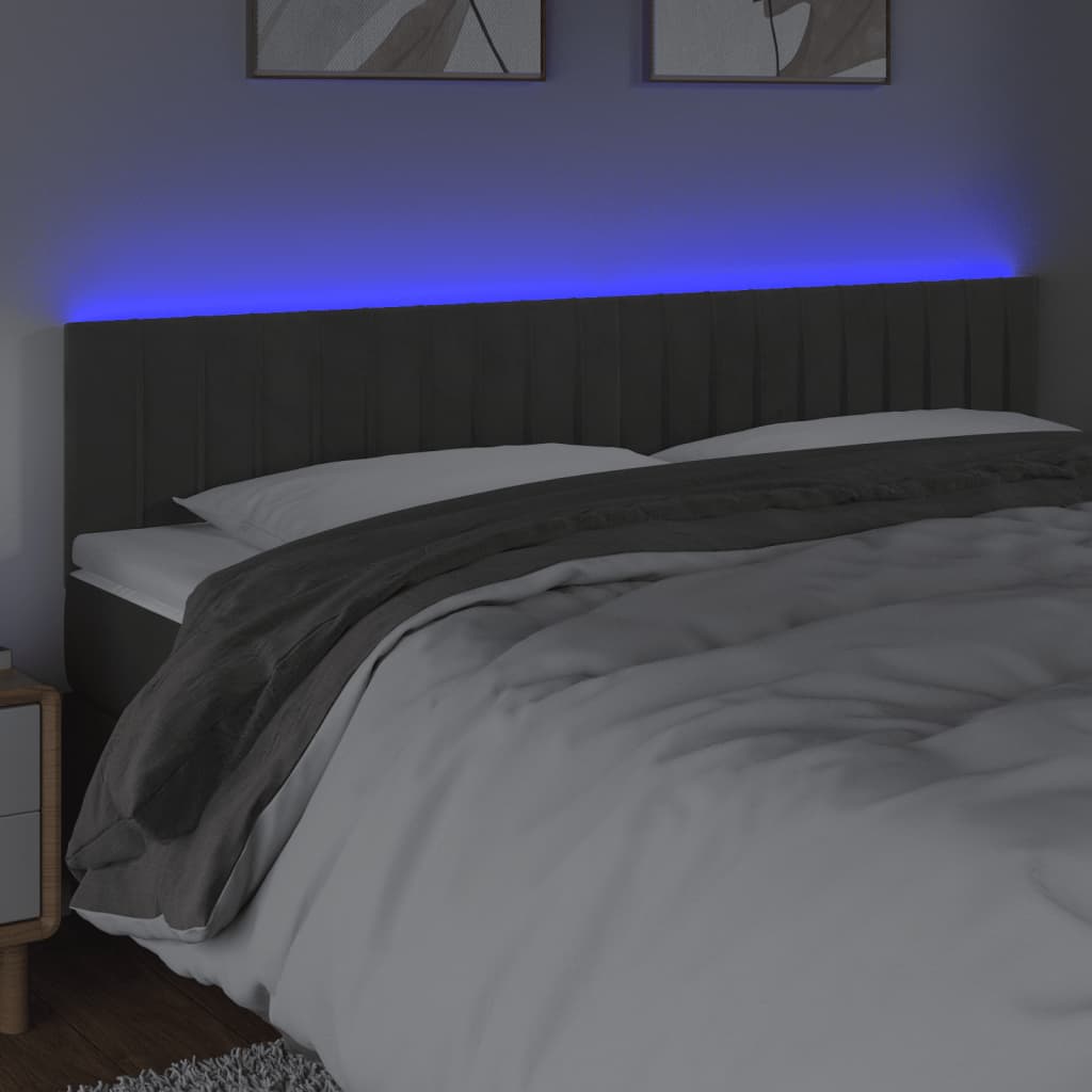 Cabeceira de cama c/luzes LED veludo 200x5x78/88cm cinza-escuro