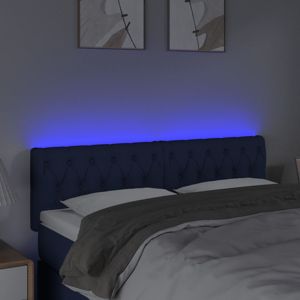 Cabeceira de cama c/ luzes LED tecido 144x7x78/88 cm azul