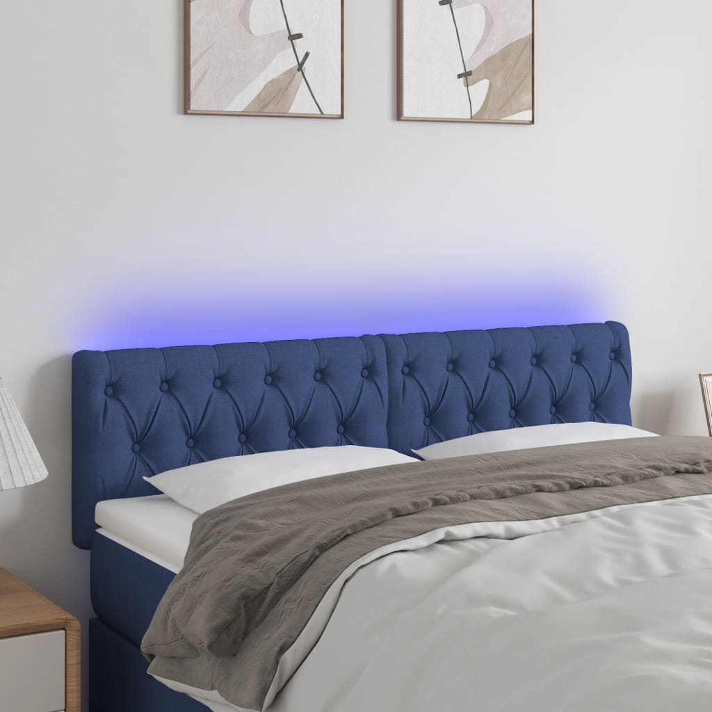 Cabeceira de cama c/ luzes LED tecido 144x7x78/88 cm azul