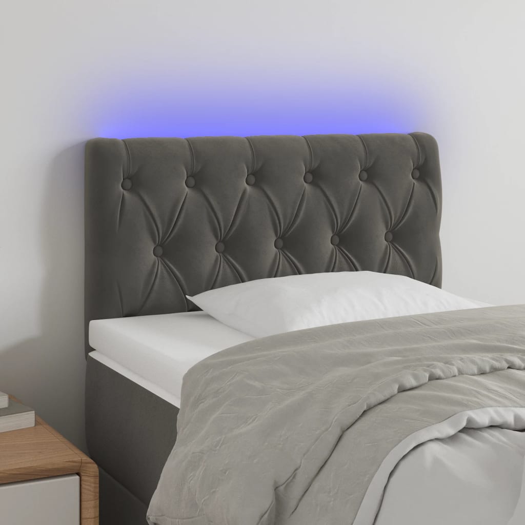 Cabeceira de cama c/ luzes LED veludo 80x7x78/88cm cinza-escuro