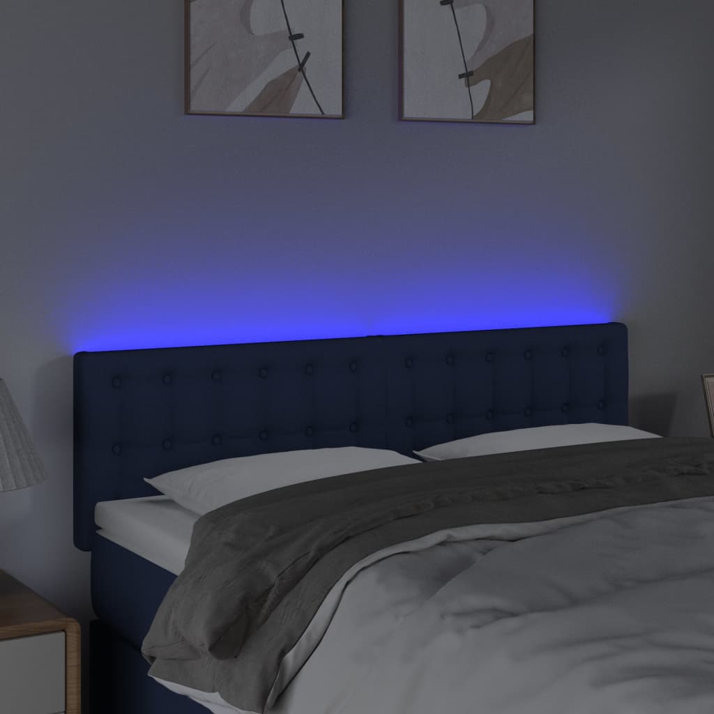 Cabeceira de cama c/ luzes LED tecido 144x5x78/88 cm azul