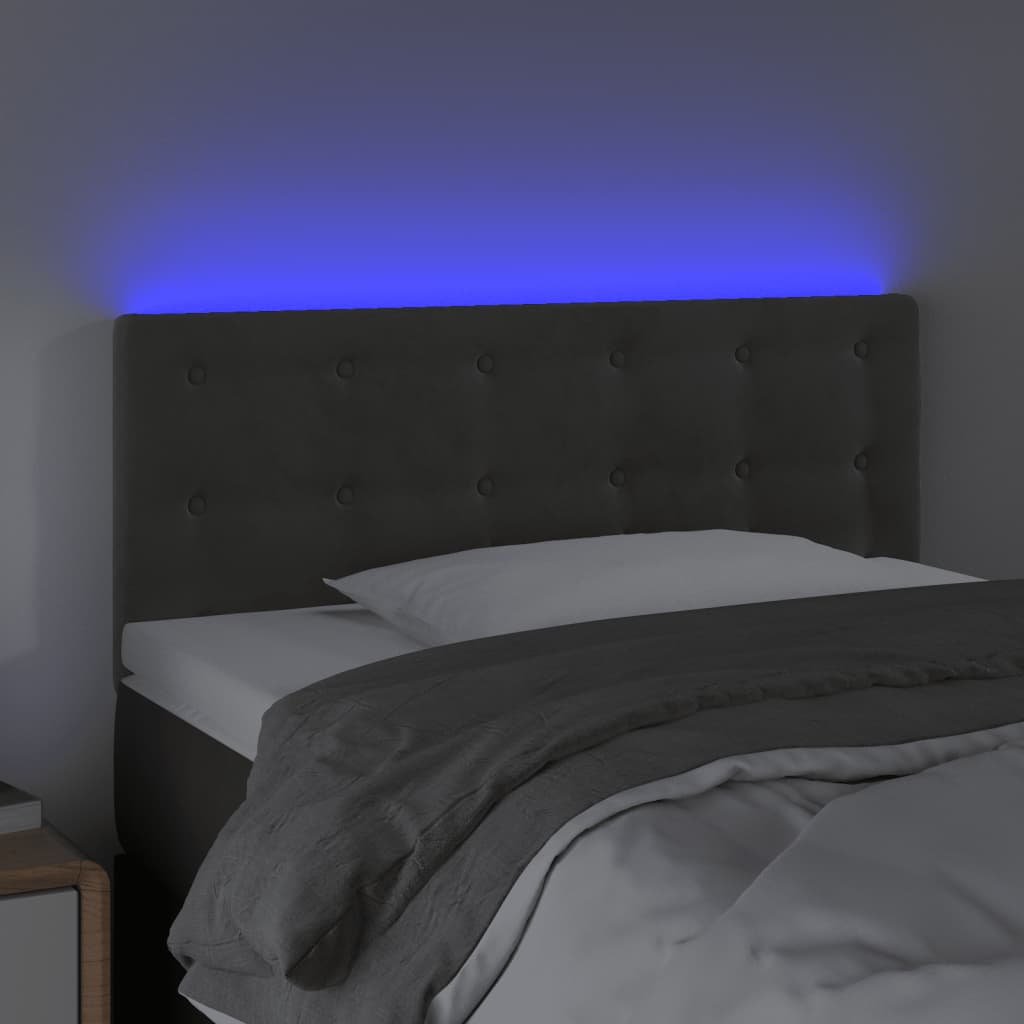 Cabeceira de cama c/ luzes LED tecido 90x5x78/88cm cinza-escuro