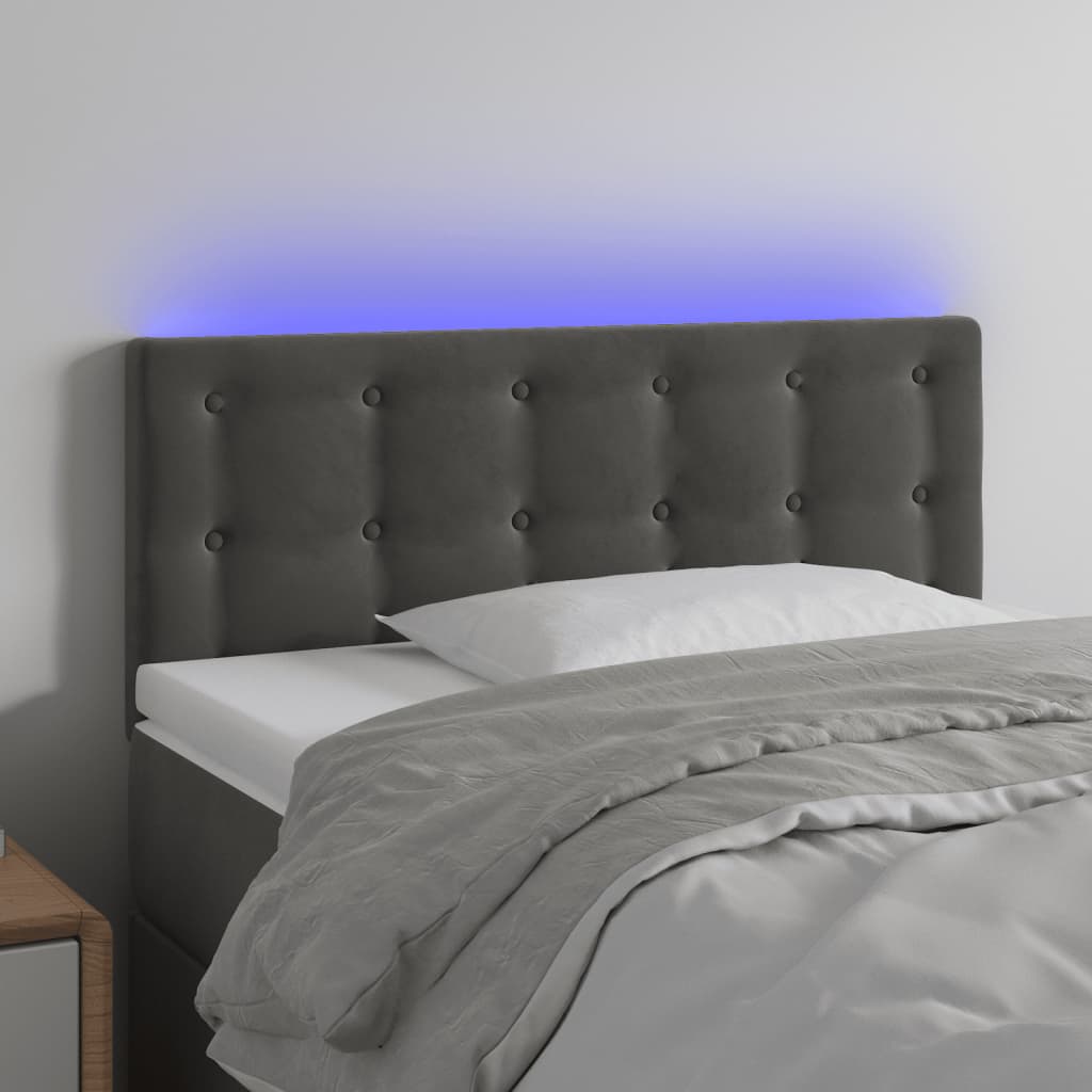 Cabeceira de cama c/ luzes LED tecido 90x5x78/88cm cinza-escuro