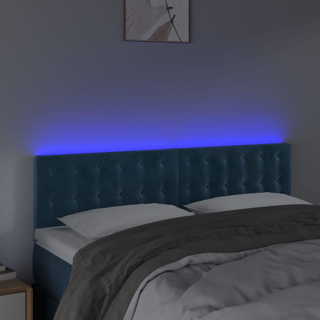 Cabeceira de cama c/ luzes LED veludo 144x5x78/88cm azul-escuro