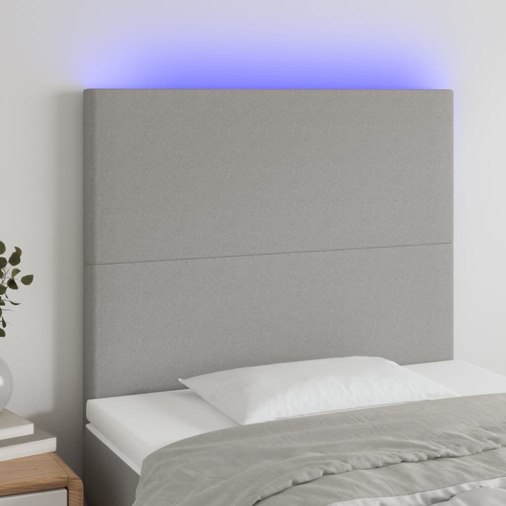 Cabeceira cama c/ luzes LED tecido 90x5x118/128cm cinza-claro