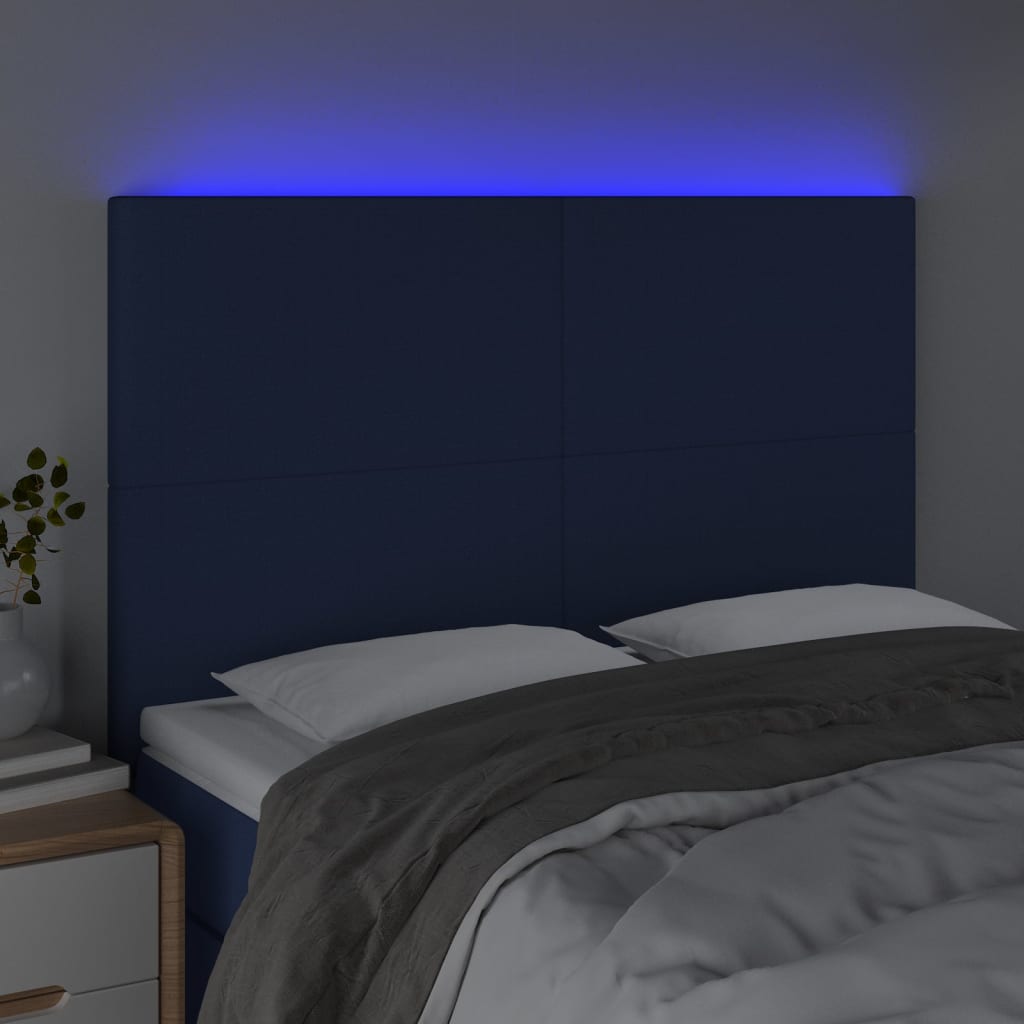 Cabeceira cama c/ LED tecido 144x5x118/128 cm azul