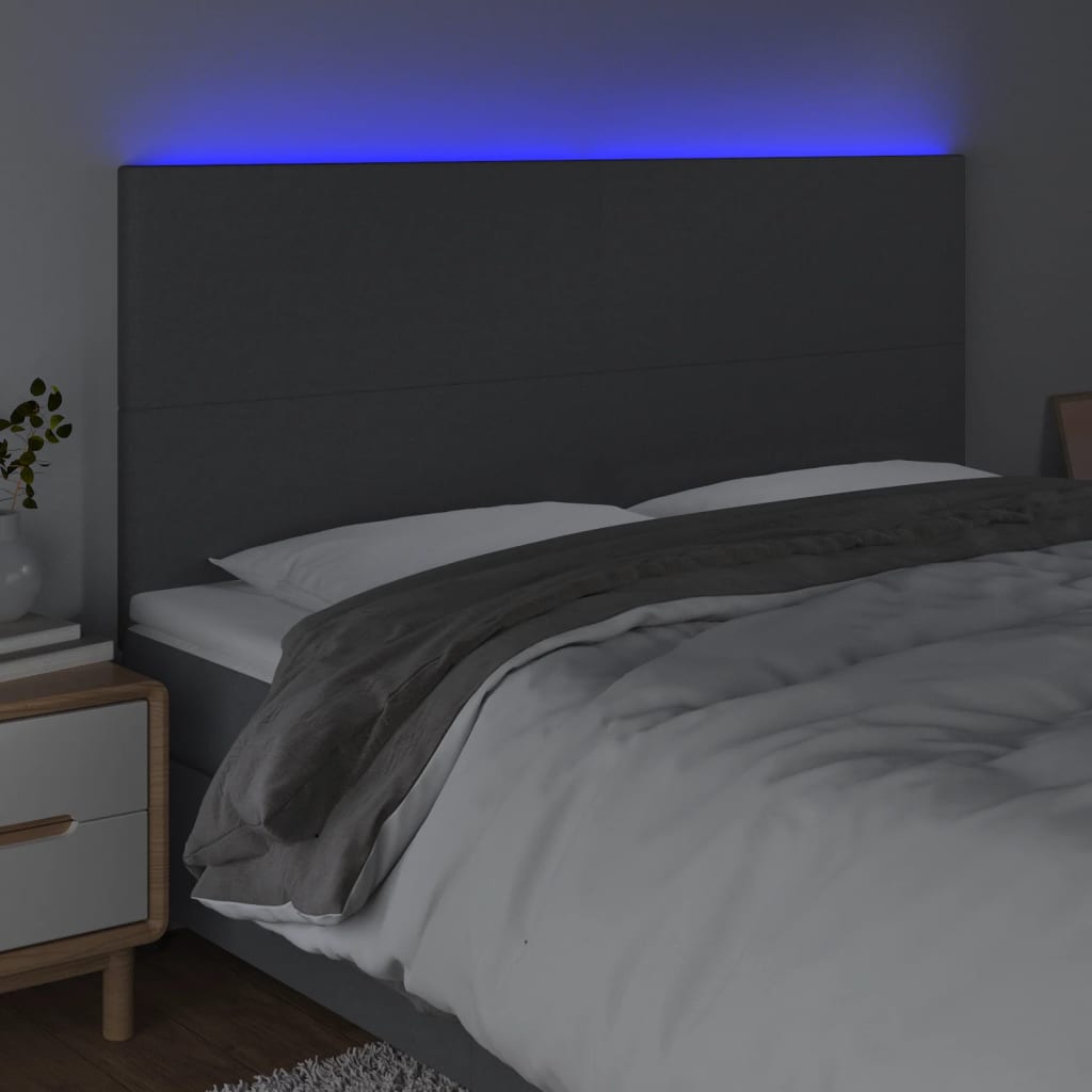 Cabeceira de cama c/ LED tecido 160x5x118/128 cm cinza-escuro