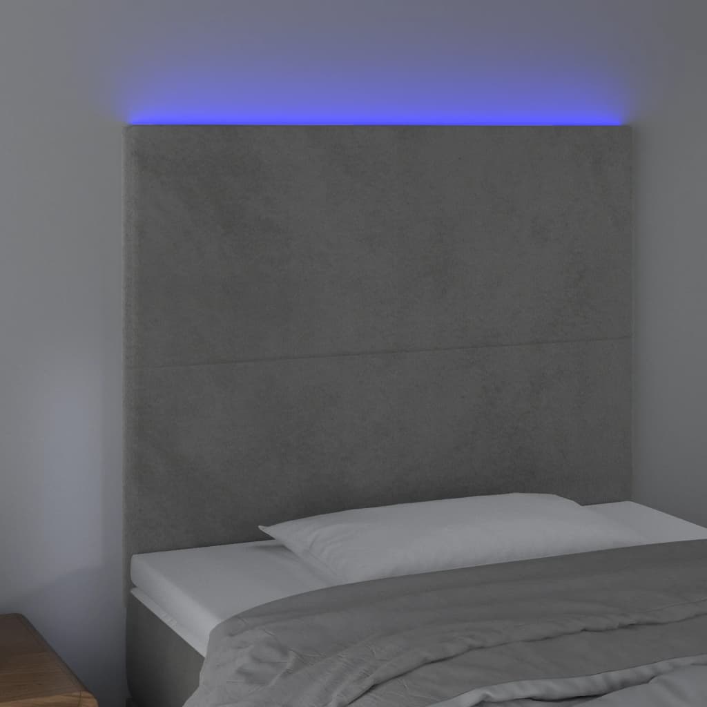 Cabeceira cama c/ luzes LED veludo 80x5x118/128cm cinza-claro