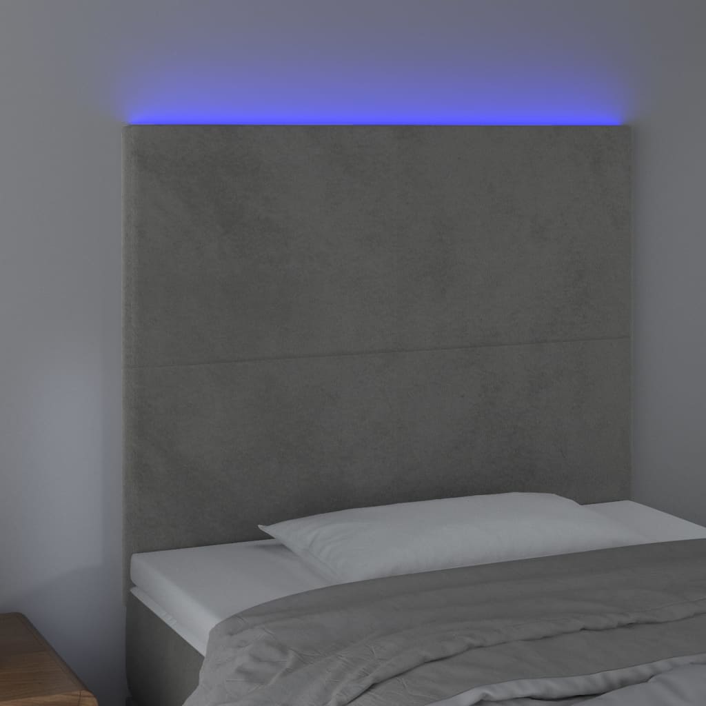 Cabeceira cama c/ luzes LED veludo 90x5x118/128cm cinza-claro