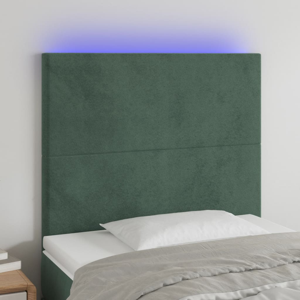 Cabeceira de cama c/ LED veludo 100x5x118/128 cm verde-escuro