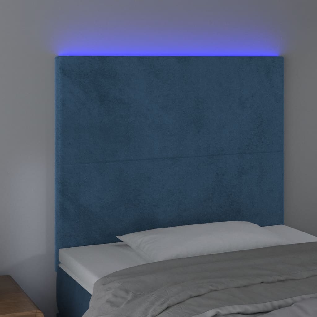 Cabeceira cama c/ luzes LED veludo 100x5x118/128cm azul-escuro