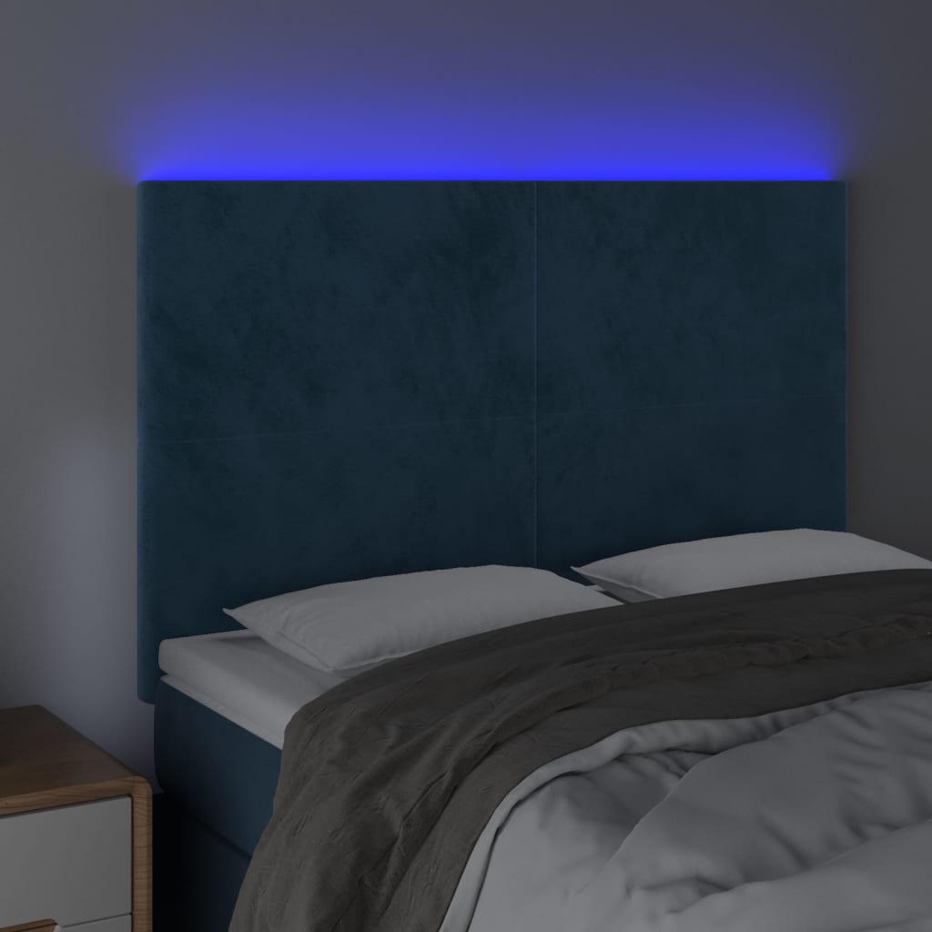 Cabeceira cama c/ luzes LED veludo 144x5x118/128cm azul-escuro