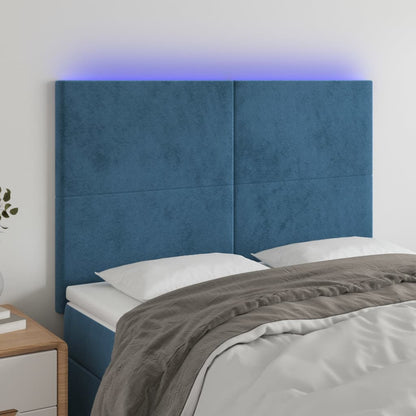 Cabeceira cama c/ luzes LED veludo 144x5x118/128cm azul-escuro