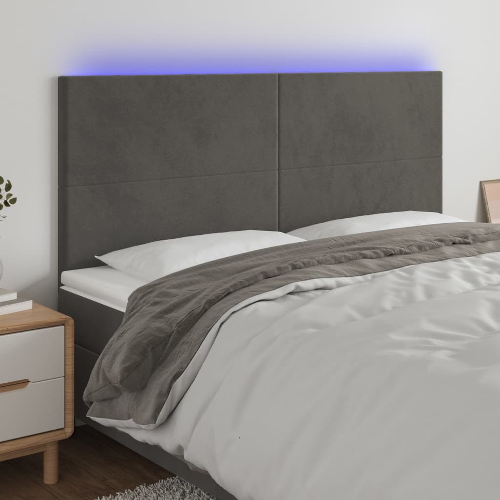 Cabeceira de cama c/ LED veludo 160x5x118/128 cm cinza-escuro