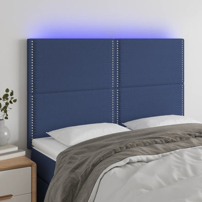 Cabeceira cama c/ LED tecido 144x5x118/128 cm azul