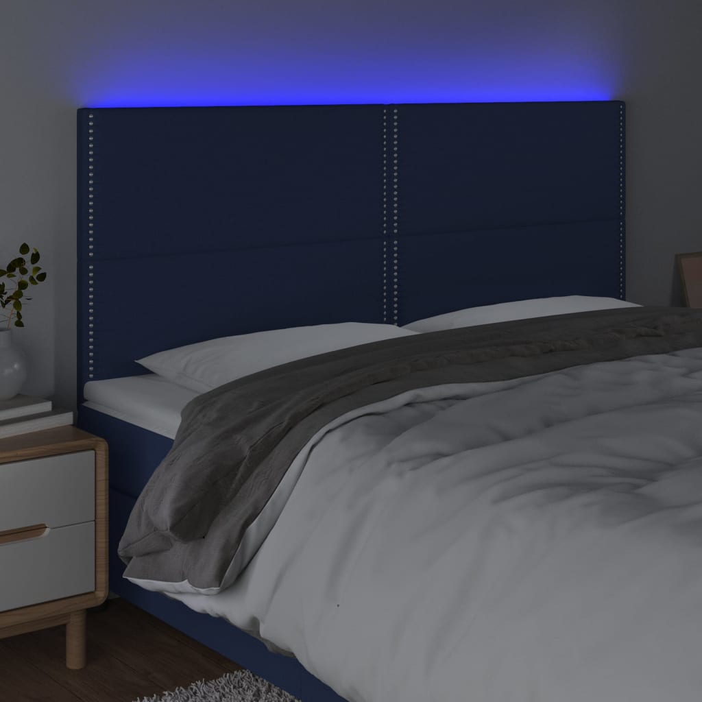 Cabeceira de cama c/ luzes LED tecido 180x5x118/128 cm azul