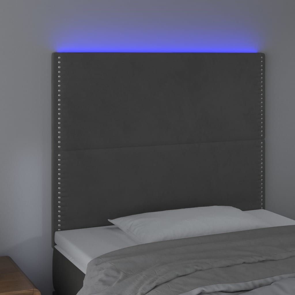 Cabeceira de cama c/ LED veludo 90x5x118/128 cm cinza-escuro