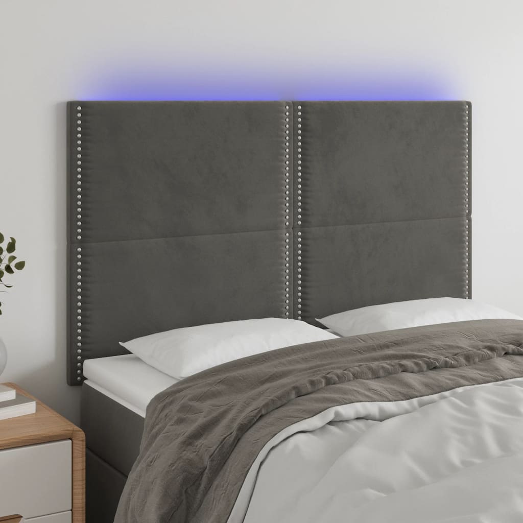 Cabeceira de cama c/ LED veludo 144x5x118/128 cm cinza-escuro