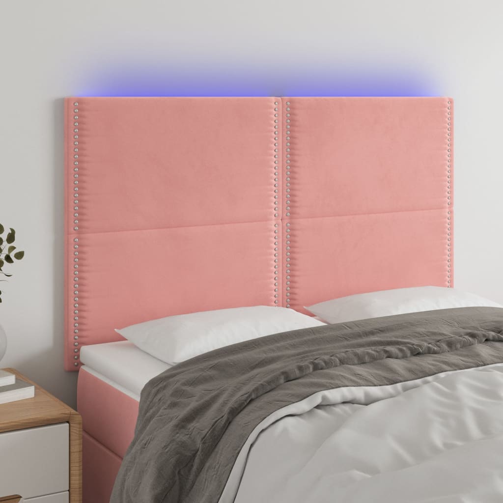 Cabeceira de cama c/ luzes LED veludo 144x5x118/128 cm rosa