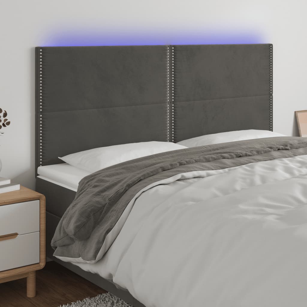 Cabeceira de cama c/ LED veludo 160x5x118/128 cm cinza-escuro