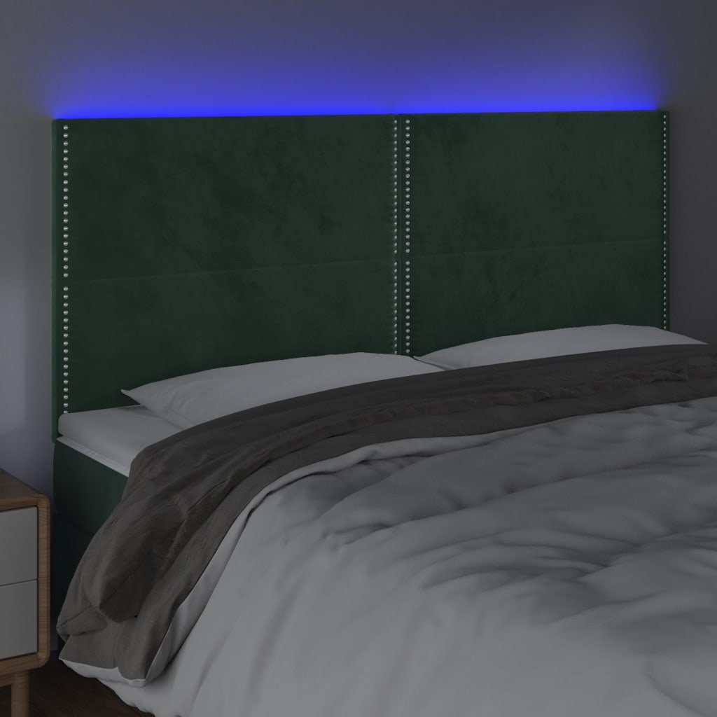 Cabeceira de cama c/ LED veludo 160x5x118/128 cm verde-escuro