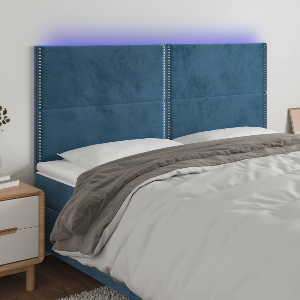 Cabeceira cama c/ luzes LED veludo 160x5x118/128cm azul-escuro