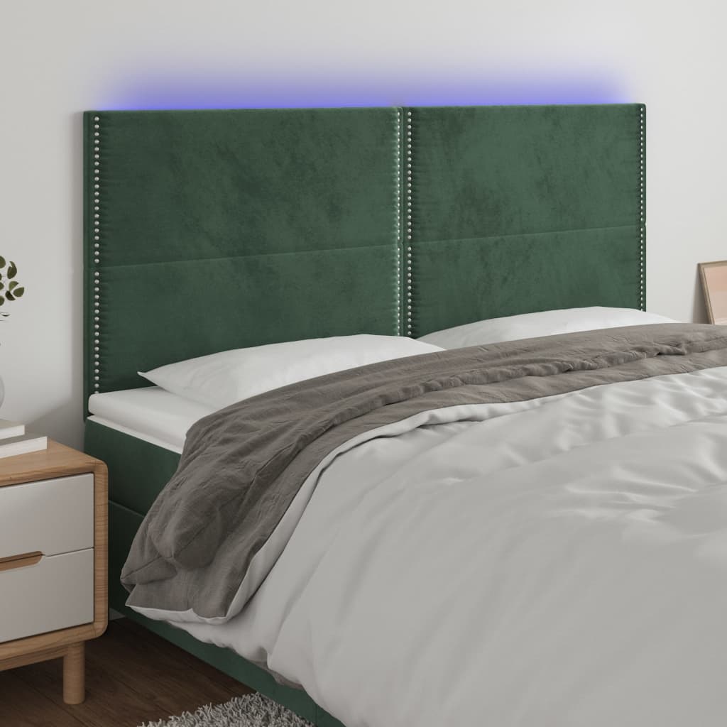 Cabeceira de cama c/ LED veludo 180x5x118/128 cm verde-escuro