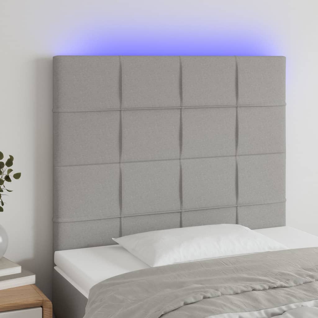 Cabeceira cama c/ luzes LED tecido 80x5x118/128 cm cinza-claro