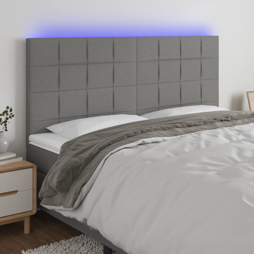 Cabeceira de cama c/ LED tecido 160x5x118/128 cm cinza-escuro