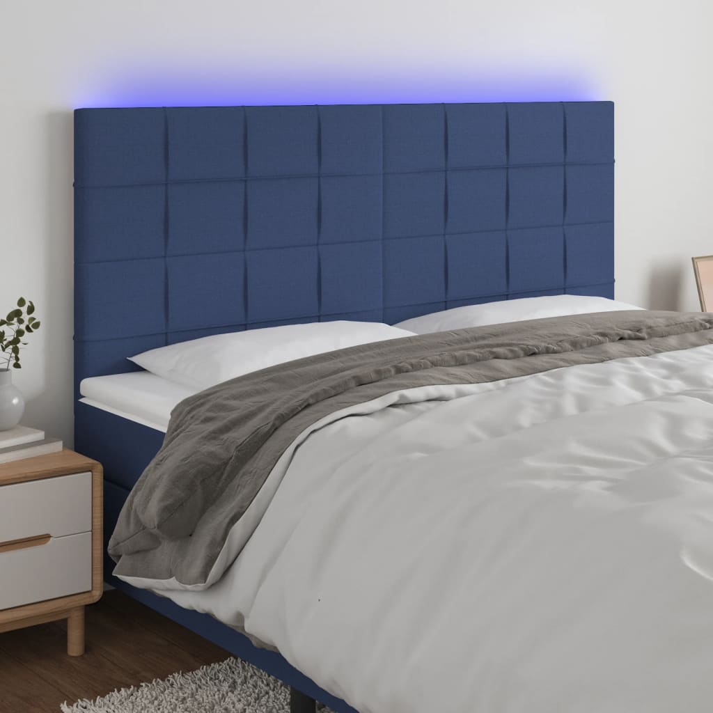 Cabeceira de cama c/ luzes LED tecido 200x5x118/128 cm azul