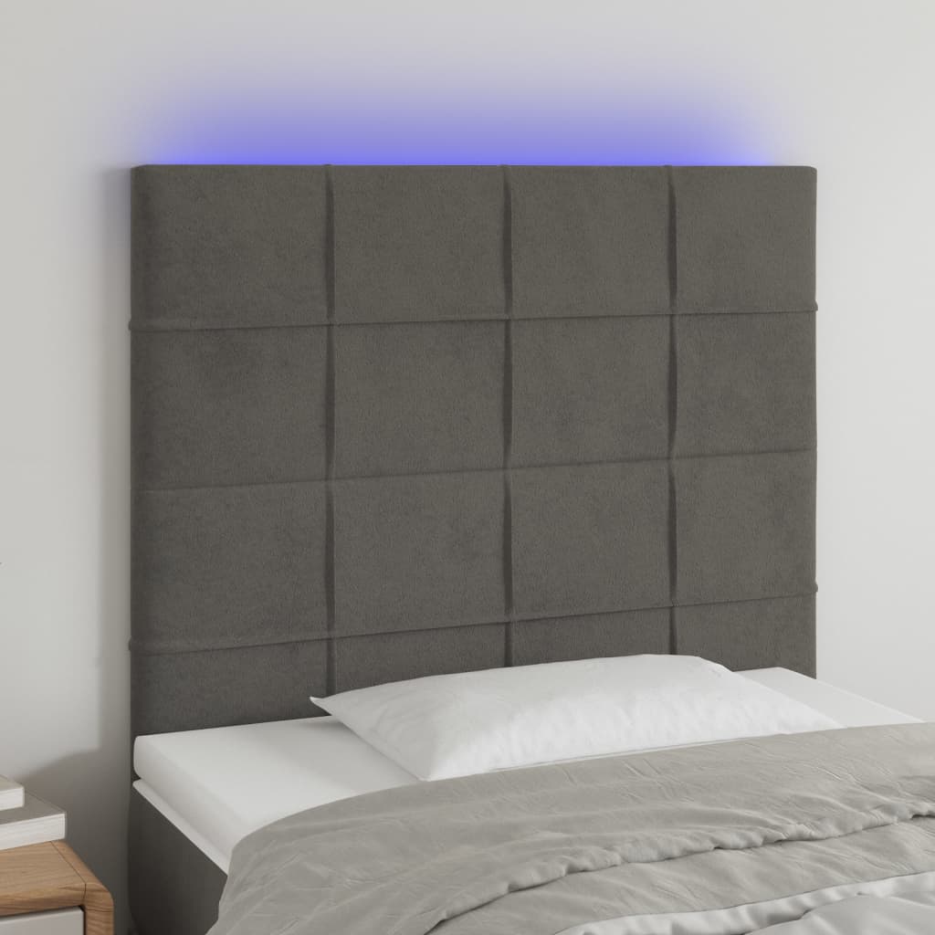 Cabeceira de cama c/ LED veludo 80x5x118/128 cm cinza-escuro