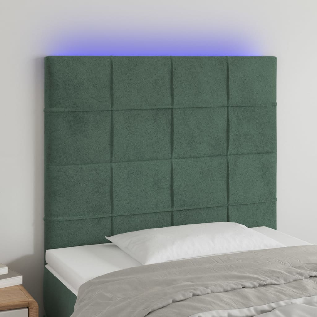 Cabeceira de cama c/ LED veludo 100x5x118/128 cm verde-escuro