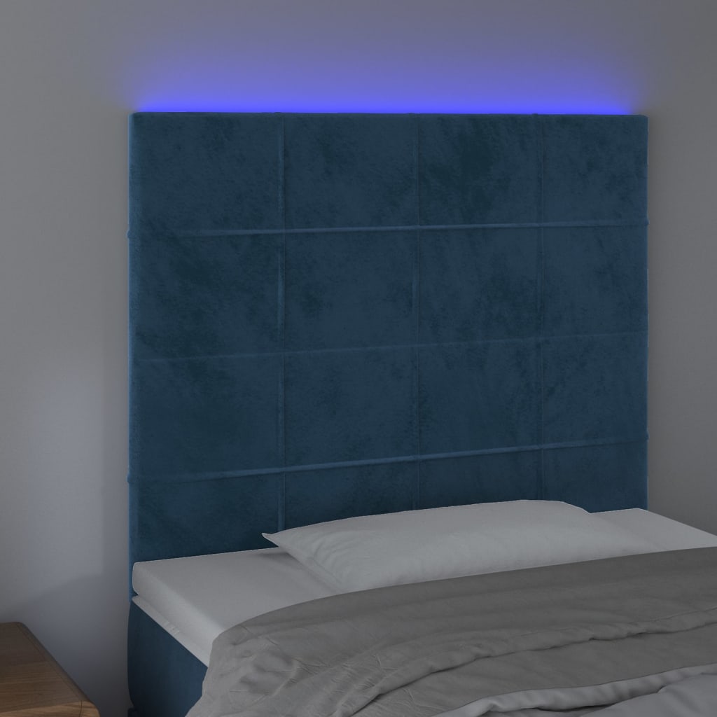 Cabeceira cama c/ luzes LED veludo 100x5x118/128cm azul-escuro