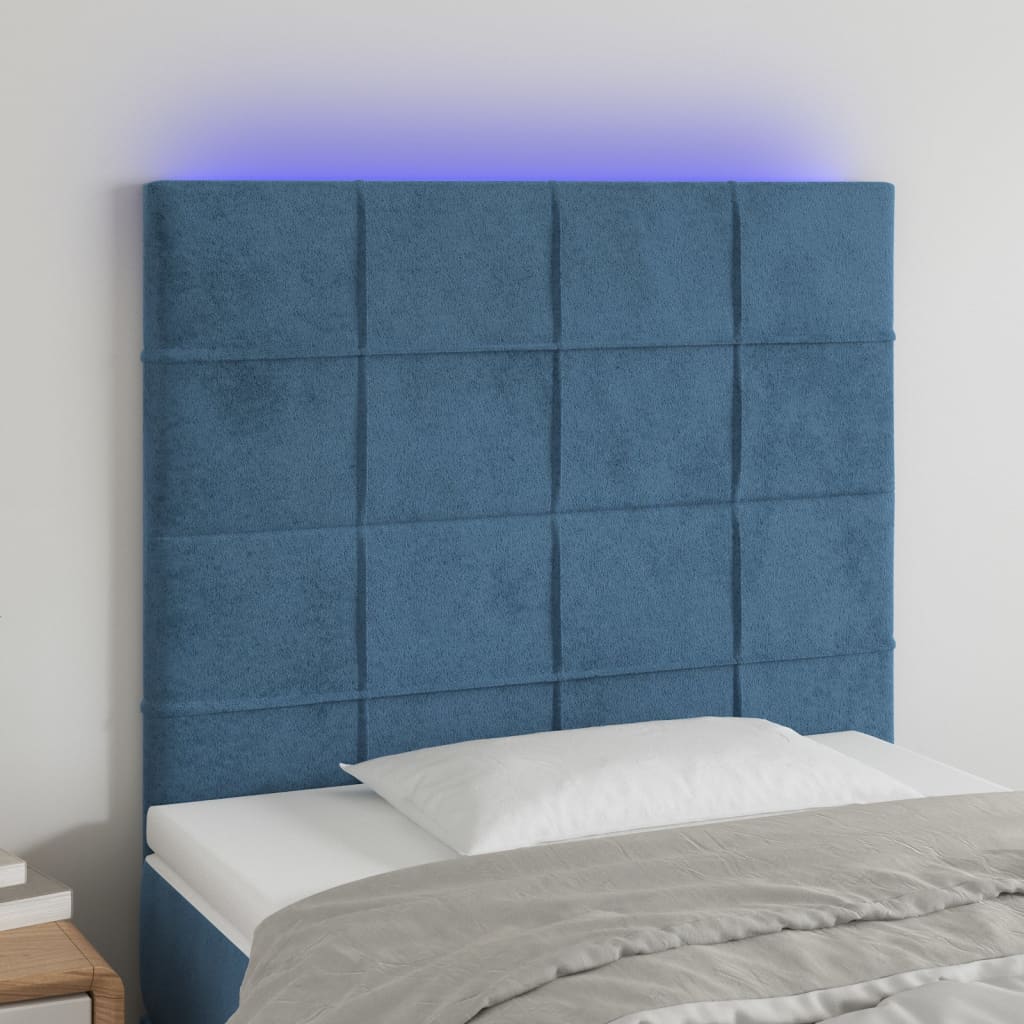 Cabeceira cama c/ luzes LED veludo 100x5x118/128cm azul-escuro